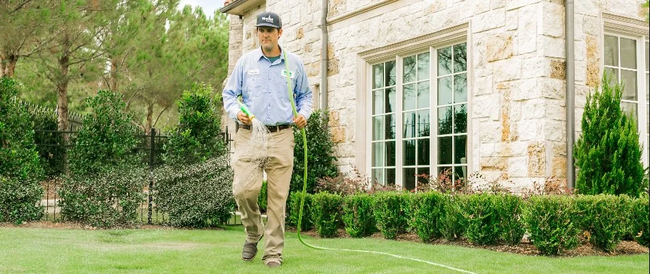 Liquid fertilizer being sprayed on a lawn in Dallas, TX.