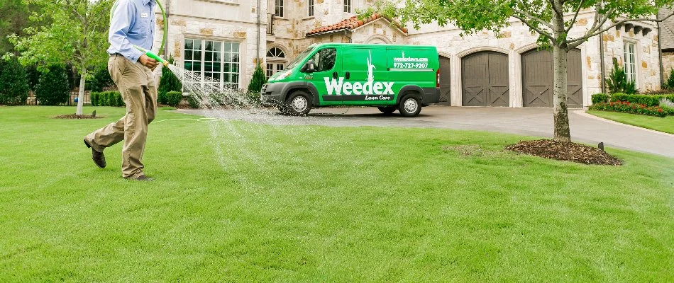 Weedex van and a pre-emergent weed control application for a lawn in Dallas, TX.