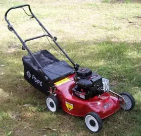 consumer grade red and black Pope branded lawn mower on the lawn