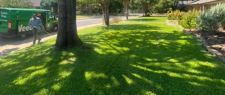 Lawn in the shade from trees being treated by a tech in Kennedale, TX.