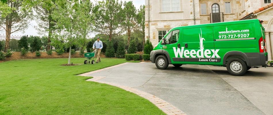 Branded truck displayed beside a professional treating a lawn in North Richland Hills, TX.